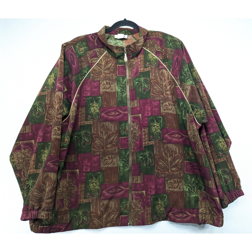 Teddi Vintage 90s Leaf Patchwork Zip Up Windbreaker Jacket Plus Size 3X Burgundy